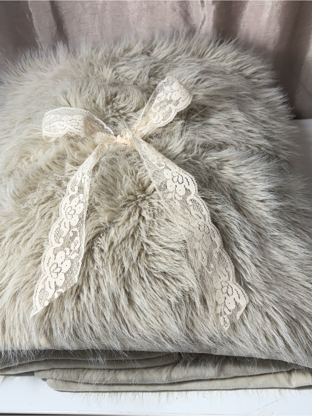Tahari Soft Faux Fur Accent Pillow with Lace Bow - Cream/Gray